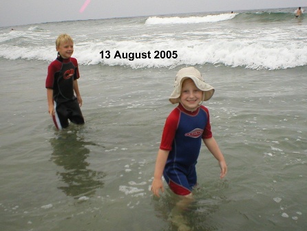 13 August 2005 - Hannah and Austin were great buddys on the Torre Pines Beach, in San Diego