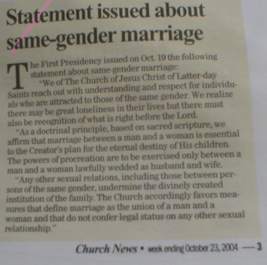Statement issued by The Church of Jesus Chrits of Latter Day Saints, and I, Wendell Haws Eyring Jr., support both the Church and this statement by the Church